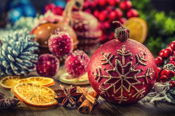 Christmas Time.Christmas candle and decoration. Christmas border design on the wooden background....