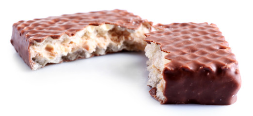 Broken chocolate wafer, isolated on white