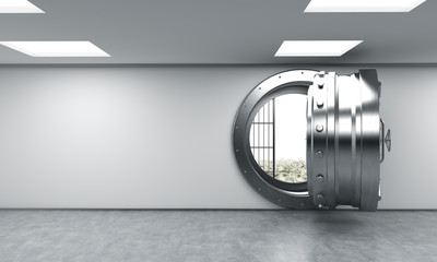 open metal safe in bank depository with money on the floor behin - obrazy, fototapety, plakaty