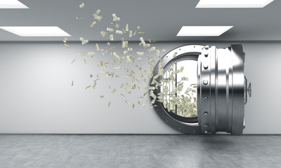 open safe in bank depository, money flying out from it