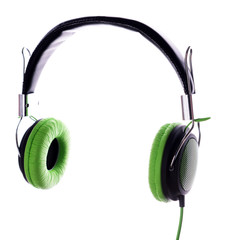 A pair of green-black headphones, isolated on white