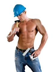 portrait of confident young beautiful handyman with tools.