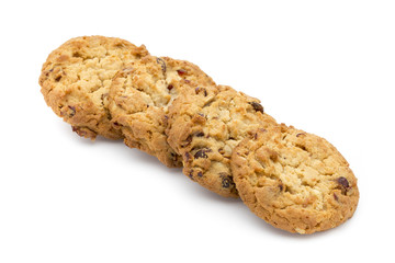 Oatmeal cookies with cranberries on a white background.