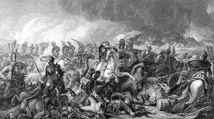 An engraved vintage illustration image of the Duke of Wellington with his army at the Battle of...