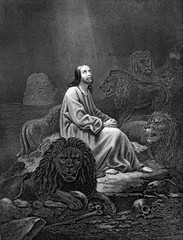 An engraved vintage illustration image of Daniel in the Lions Den of the Old Testament Bible, from a Victorian book dated 1886 that is no longer in copyright - obrazy, fototapety, plakaty