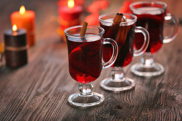 Mulled wine on wooden table
