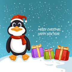Cute penguin with Christmas gifts. Merry Christmas and Happy New Year design
