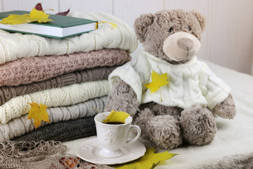 stack of sweaters knitted autumn concept