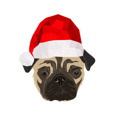 Illustration with doodle pug with origam christmas hat