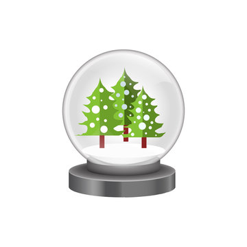 Illustration of modern snow globe with pine trees