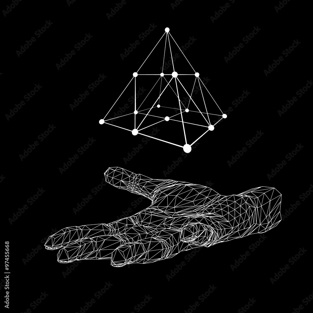 Poster triangle pyramid on the arm. the hand holding a pyramid. polygon triangle. polygonal hand. the shado