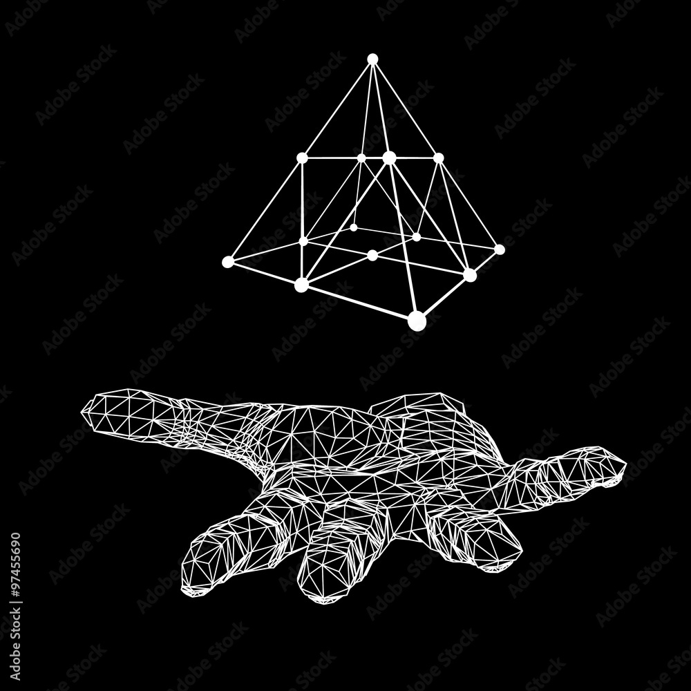 Poster triangle pyramid on the arm. the hand holding a pyramid. polygon triangle. polygonal hand. the shado
