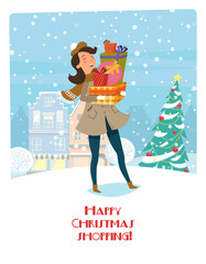 Happy Christmas shopping. Vector illustration with women and gifts.