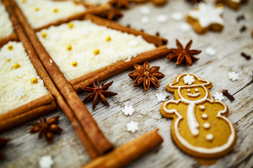 Christmas tree - homemade gingerbread cookies, spices and Christmas decorations
