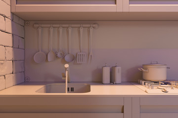 3D illustration of kitchen with accessories. Visualization without shaders and textures 