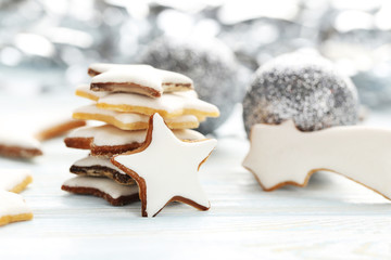 Christmas cookies on a blue wooden table