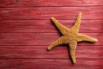 Fototapeta na wymiar Starfish on a red wooden table