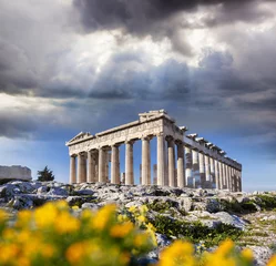 Zelfklevend Fotobehang Parthenon temple with spring flowers on the Acropolis in Athens, Greece © Tomas Marek