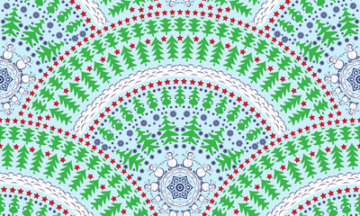 Vector seamless pattern with fish scale layout. Christmas and new year patterns, consisting of trees, stars, snowflakes, snowmen, snow drifts.