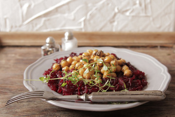 A light breakfast of beets and chickpeas