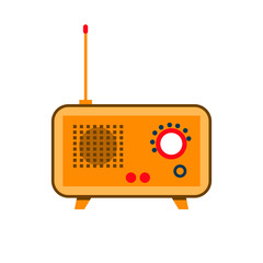 Isolated icon vintage old radio with antenna, switches, levers in flat style on a white background with dark red, red and orange