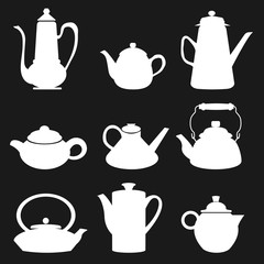 Tea Coffee Icon Black silhouette Kettle Diferent Retro Set Vector Illustration
