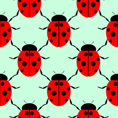 Seamless vector pattern with insects, symmetrical background with bright close-up ladybugs, over light green backdrop