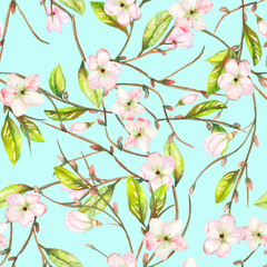 A seamless floral pattern with an ornament of an apple tree branch with the tender pink blooming flowers and green leaves, painted in a watercolor on a mint background