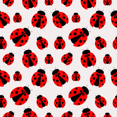 Seamless vector pattern with insects, chaotic background with bright close-up ladybugs, over light  backdrop