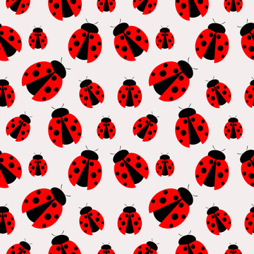 Seamless vector pattern with insects, chaotic background with bright close-up ladybugs, over light  backdrop