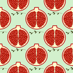 Seamless fruits vector pattern, bright color background with pomegranates and branches with leaves, over light backdrop