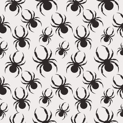 Seamless vector pattern with insects, chaotic black and white background with black spiders, over light backdrop