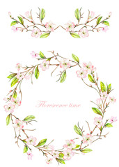 Frame border, garland and wreath of the tender pink blooming flowers and branches with the green leaves painted in a watercolor on a white background, greeting card, decoration postcard or invitation