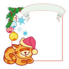 Square Christmas frame and smiling red cat sitting under the fir branch.