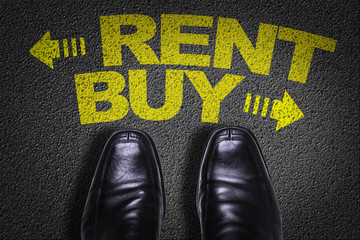 Top View of Business Shoes on the floor with the text: Buy - Rent