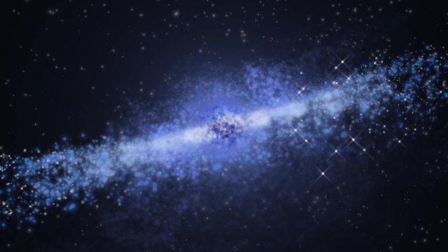 Galaxy in motion on a cosmic background with stars and interstellar gases.