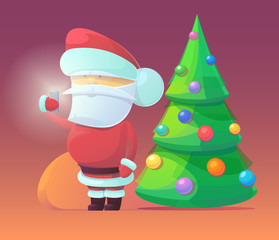 Vector illustration of Santa Claus with firtree and gifts 