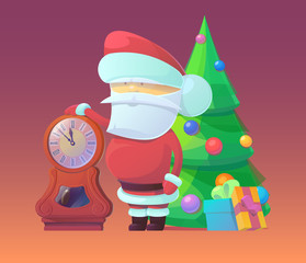Vector illustration of Santa Claus with clock and gifts