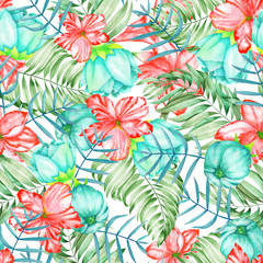 Fototapeta na wymiar A seamless pattern with the watercolor red and turquoise exotic flowers, hibiscus and the leaves of the palms painted on a white background