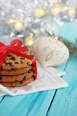 Chocolate cookies tied a red ribbon
