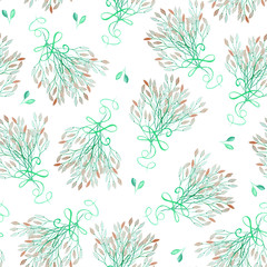 A seamless pattern with the watercolor wedding bouquets of the tender pink flowers painted on a white background, a wedding decoration