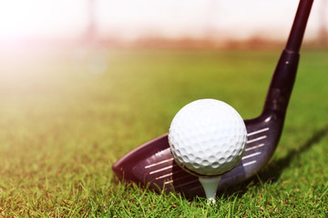 Golf club and ball on a green grass, close up