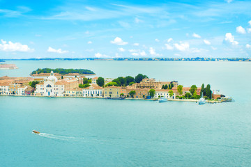 Venice Grand canal with gondolas and Rialto Bridge, Italy in sum