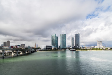 Miami Skyline/ Aerial view of South Miami Beach, downtown business and residential buildings.