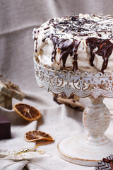 Cake in chocolate icing.Christmas and new year cakes,gift.selective focus