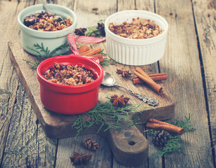 Plum crumble on a wooden Board.. New year and Christmas biscuits.Toned image.Vintage...