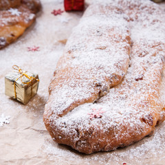 Dresdner stollen is a traditional German cake with raisins.Christmas treat.selective focus