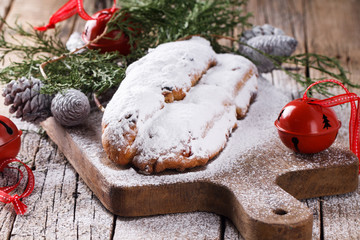 Dresdner stollen is a traditional German cake with raisins.Christmas treat.selective focus