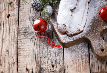 Dresdner stollen is a traditional German cake with raisins.Christmas treat.Christmas and New Year background.Copy space..selective focus