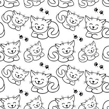Seamless pattern with outline cats